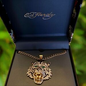 NEW Ed Hardy Stainless Steel 26" Necklace, Unisex, Gold Tiger Pendant, NWT Y2K